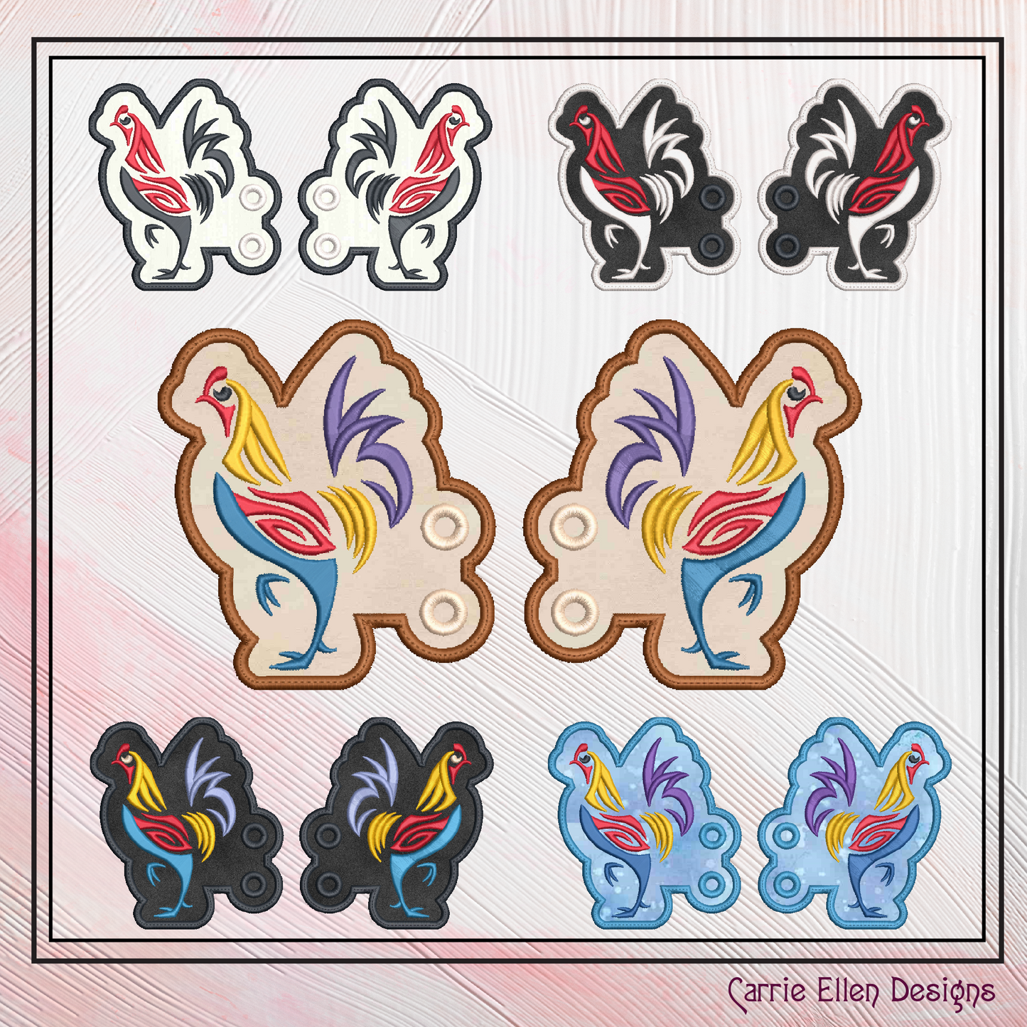 Abstract Chicken ITH Shoe Wing Machine Embroidery Design | Colorful Farm Animal Shoe Décor | In-The-Hoop Pattern (2322)