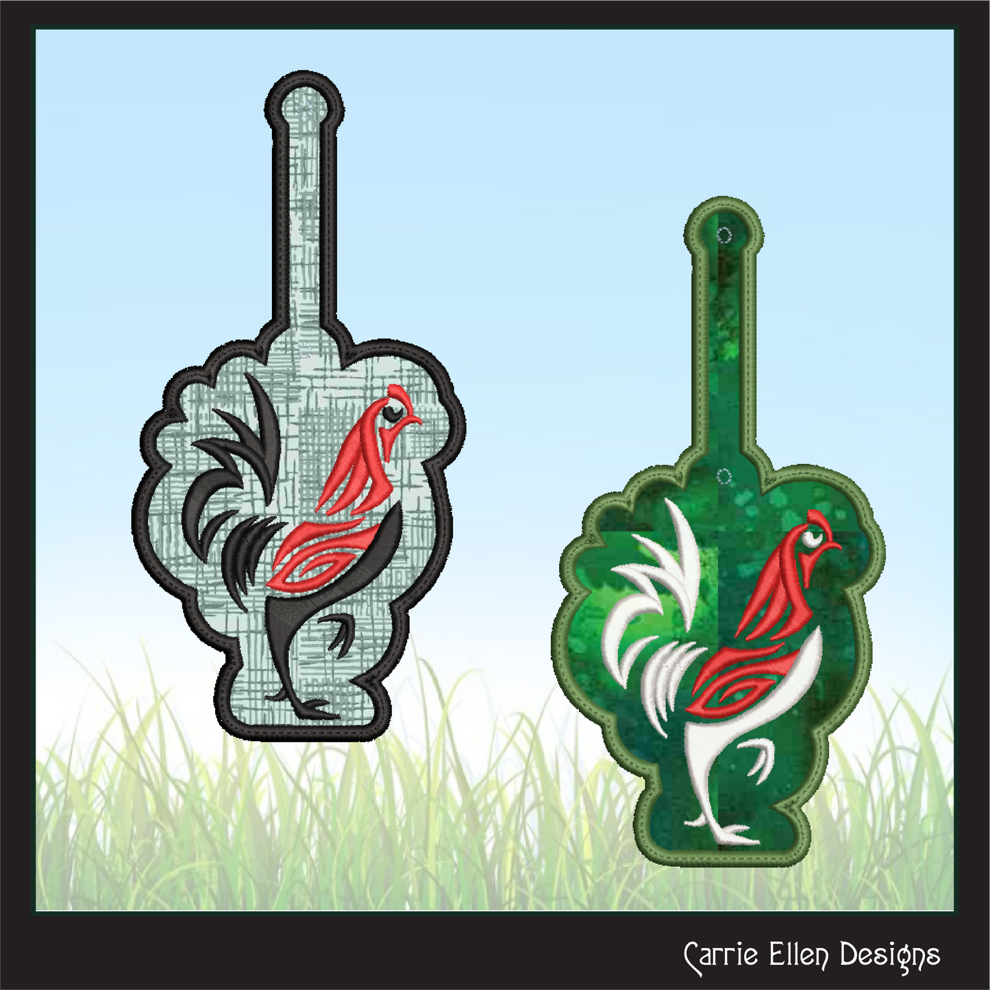 Abstract Chicken ITH Key Tag Embroidery Design | Colorful Farm Animal Keychain Accessory | In-The-Hoop Pattern (2323)