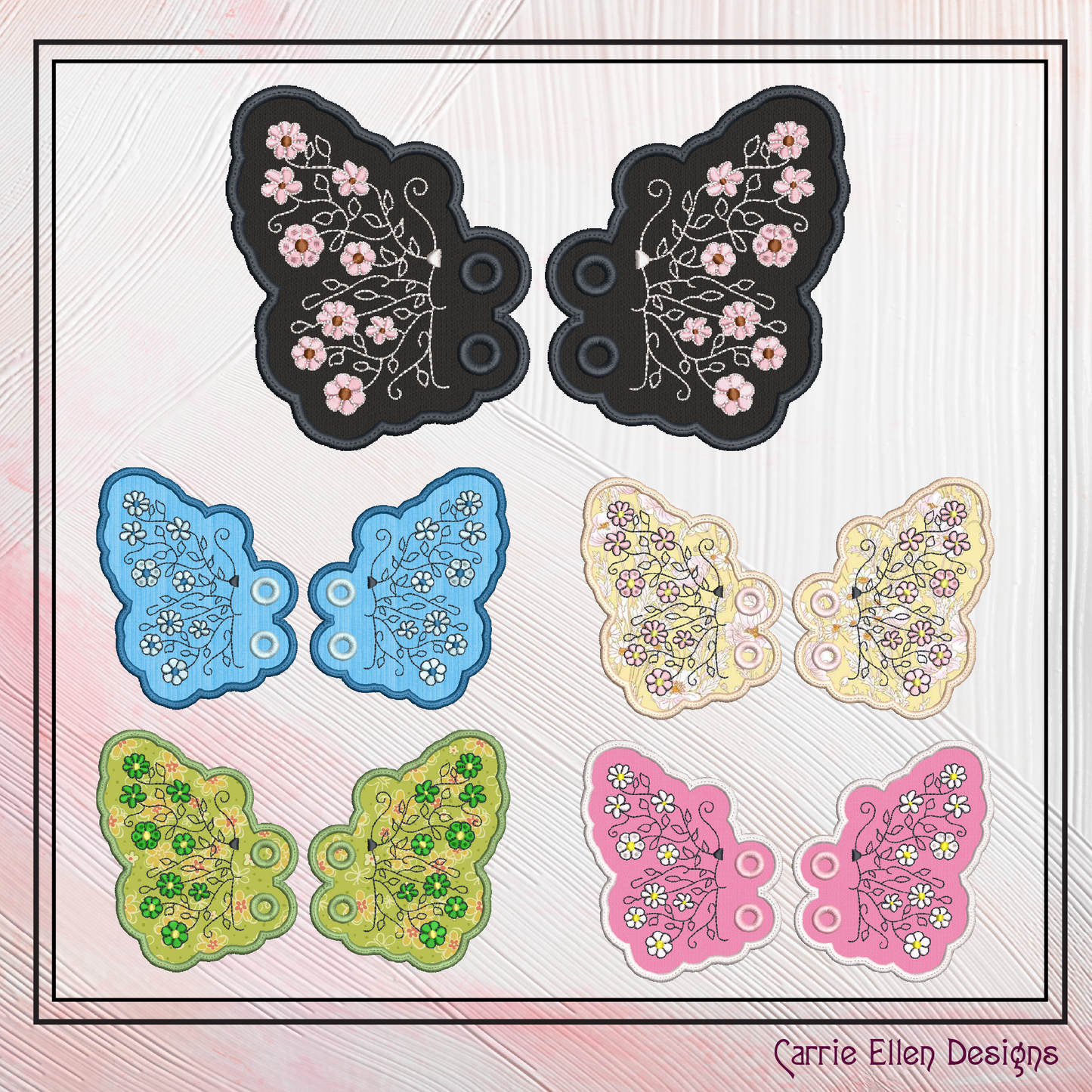 Floral Butterfly Shoe Wing Machine Embroidery Design – ITH Shoelace Charms for Shoes and Boots – 4x4 & 5x7 Hoop (2336)