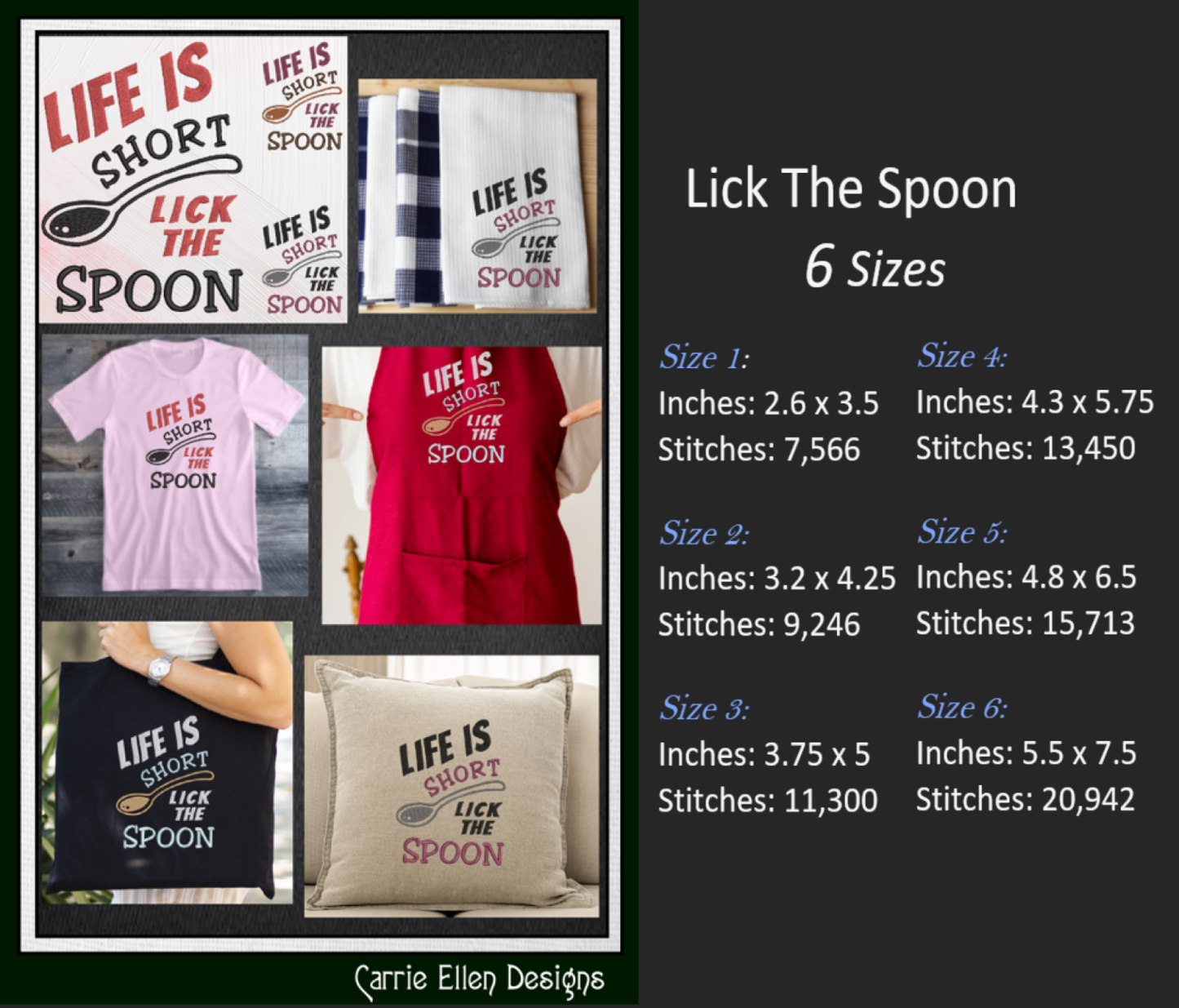 Life is Short, Lick the Spoon – Funny Kitchen Machine Embroidery Design Saying | 6 Sizes (2368)