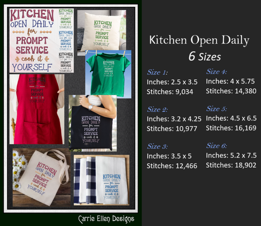 Kitchen Open Daily Machine Embroidery Design, Funny Sarcastic Sayings Design, Home and Garden, 6 Sizes (2373)