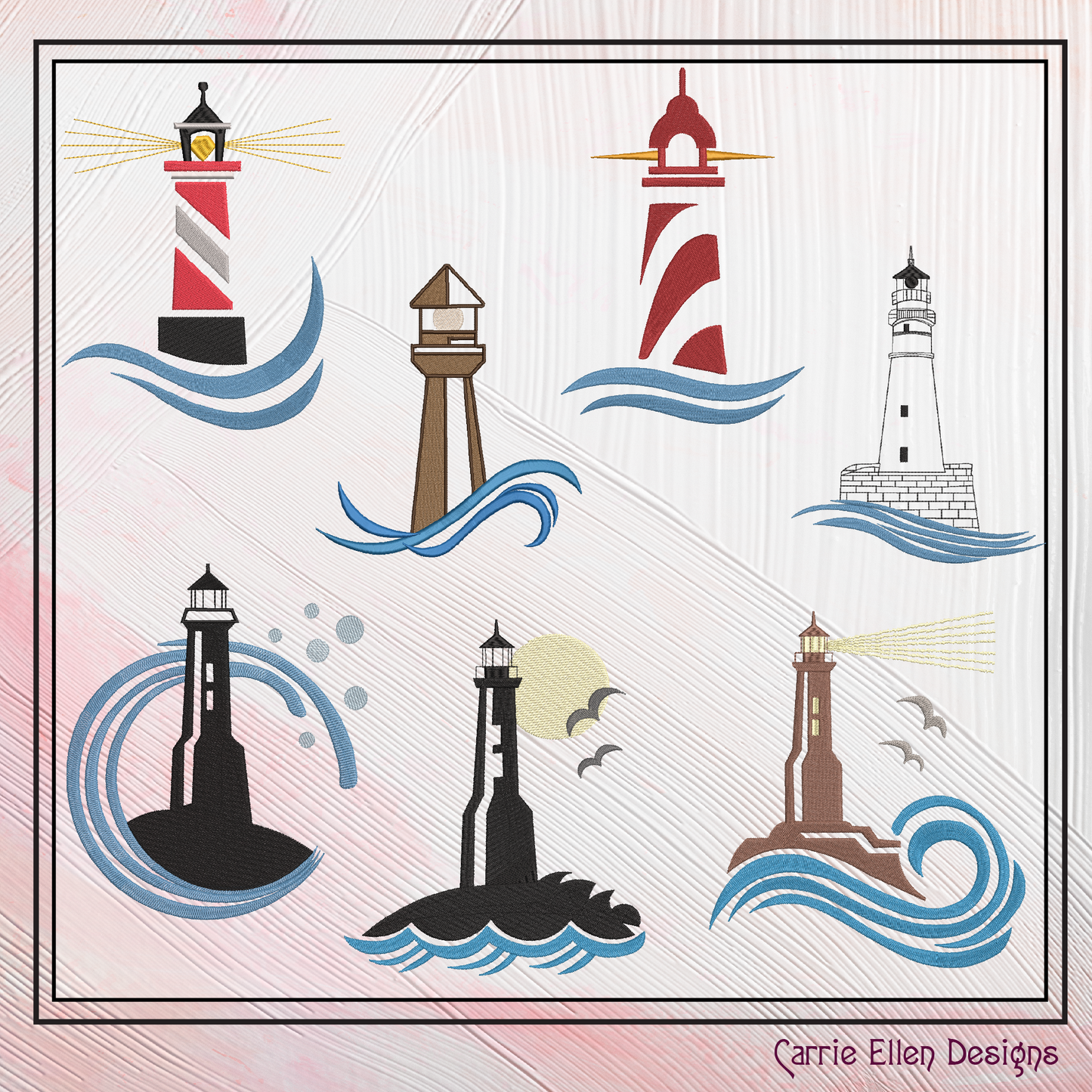 Lighthouse Machine Embroidery Design Bundle, Coastal Light House Island Design, Seaside Landscape, 7 Designs 6 Sizes Each Design (2378)