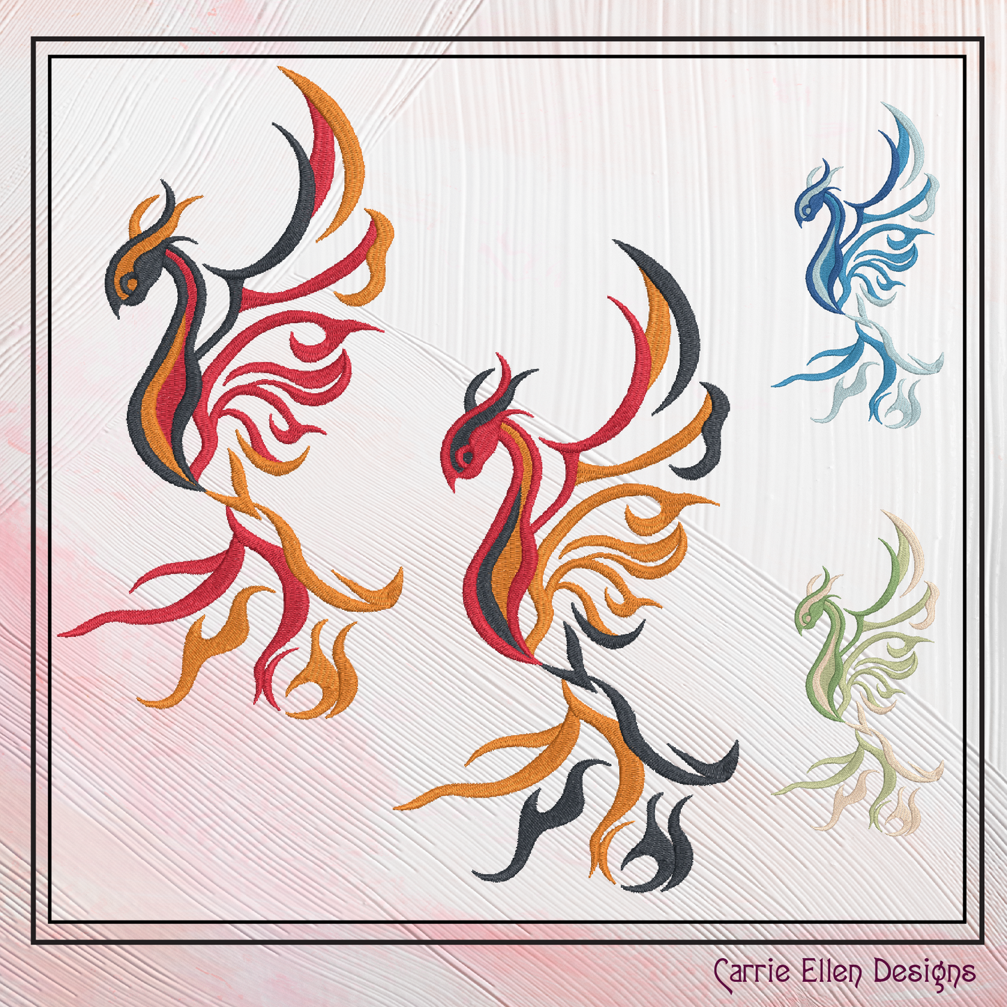 Phoenix Rising – Abstract Machine Embroidery Design | Colorful Mythic Fire Bird, 6 Sizes (2416)