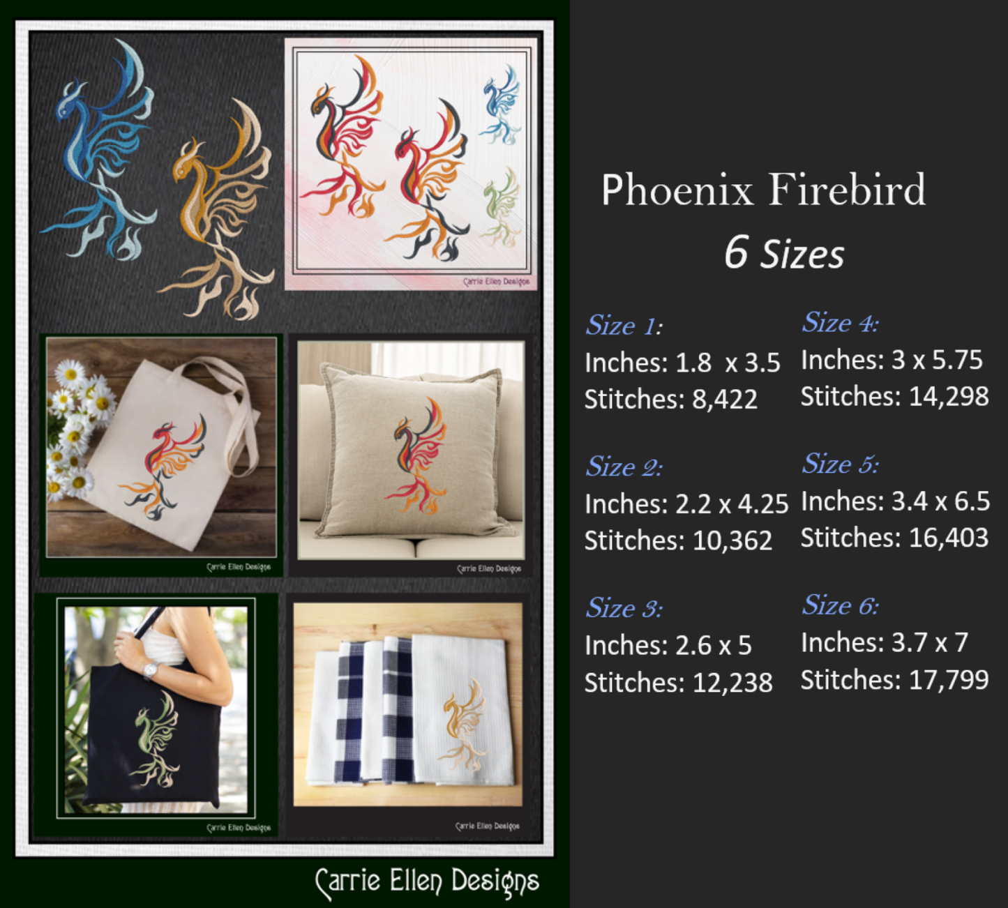Phoenix Rising – Abstract Machine Embroidery Design | Colorful Mythic Fire Bird, 6 Sizes (2416)