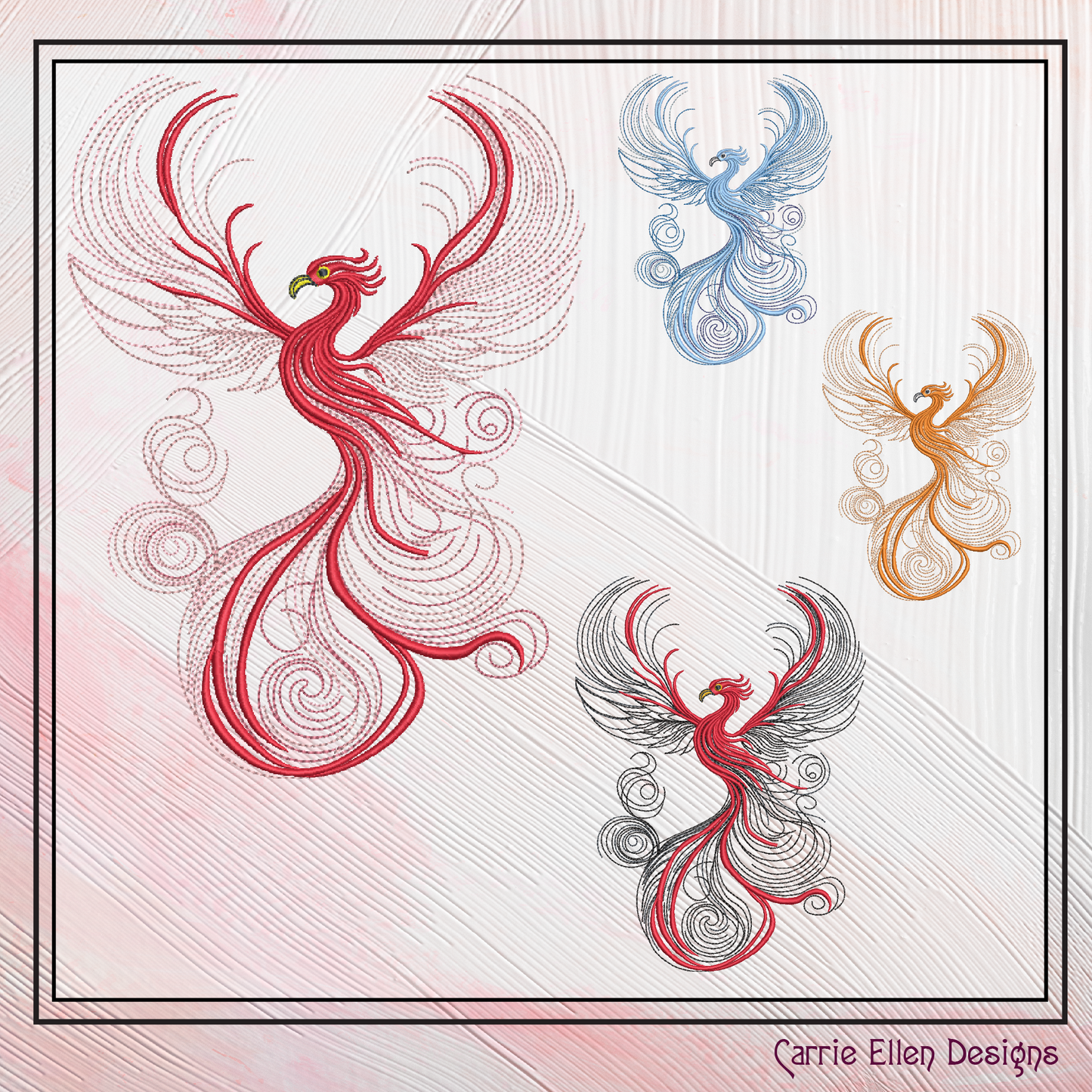 Phoenix Firebird Machine Embroidery Design | Artistic Colorful Mythic Fire Bird Line Art, 6 Sizes (2417)