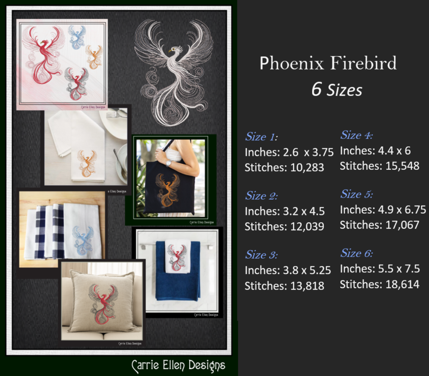 Phoenix Firebird Machine Embroidery Design | Artistic Colorful Mythic Fire Bird Line Art, 6 Sizes (2417)
