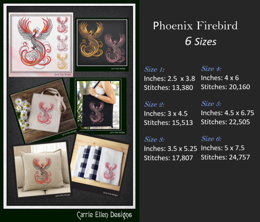 Phoenix Firebird Machine Embroidery Design | Artistic Colorful Mythic Fire Bird Line Art, 6 Sizes (2419)