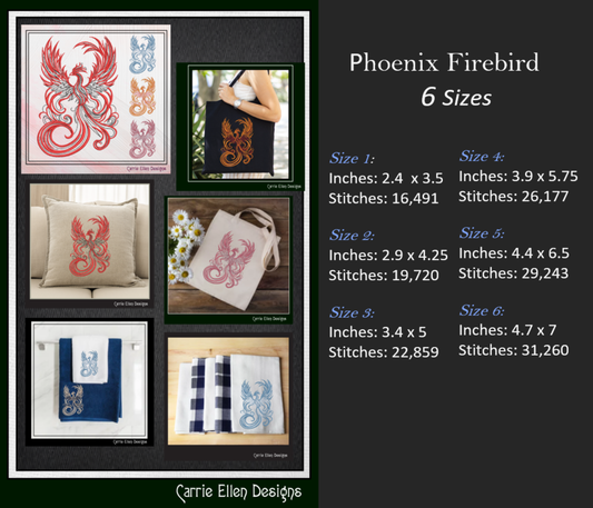 Phoenix Firebird Machine Embroidery Design | Artistic Flowing Mythic Fire Bird Line Art, 6 Sizes (2420)