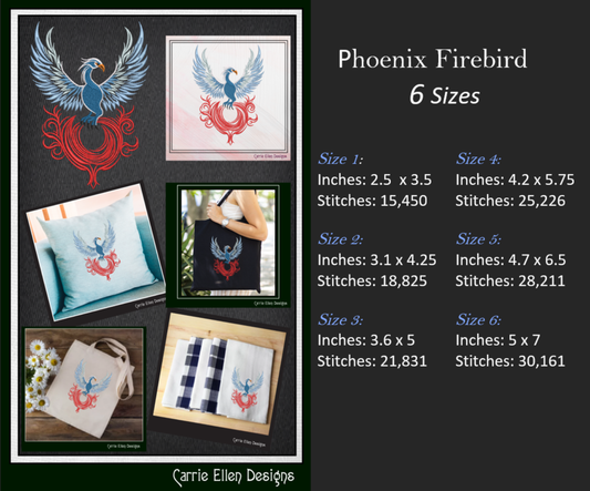 Phoenix Firebird Machine Embroidery Design | Artistic Mythic Fire Bird Sitting on a Ring of Fire, 6 Sizes (2421)