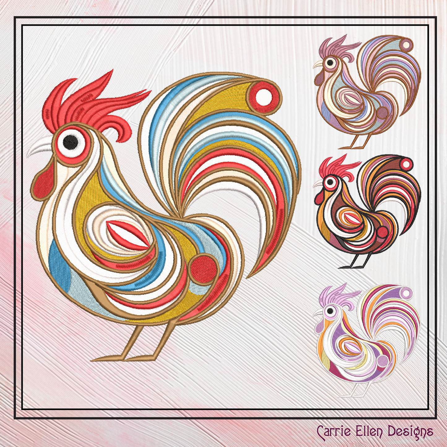 Abstract Chicken Machine Embroidery Design – Farm Animal Bird Pattern | 4 Sizes (2434)