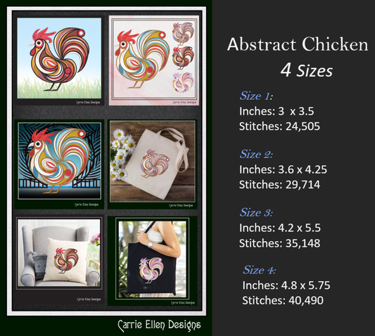 Abstract Chicken Machine Embroidery Design – Farm Animal Bird Pattern | 4 Sizes (2434)