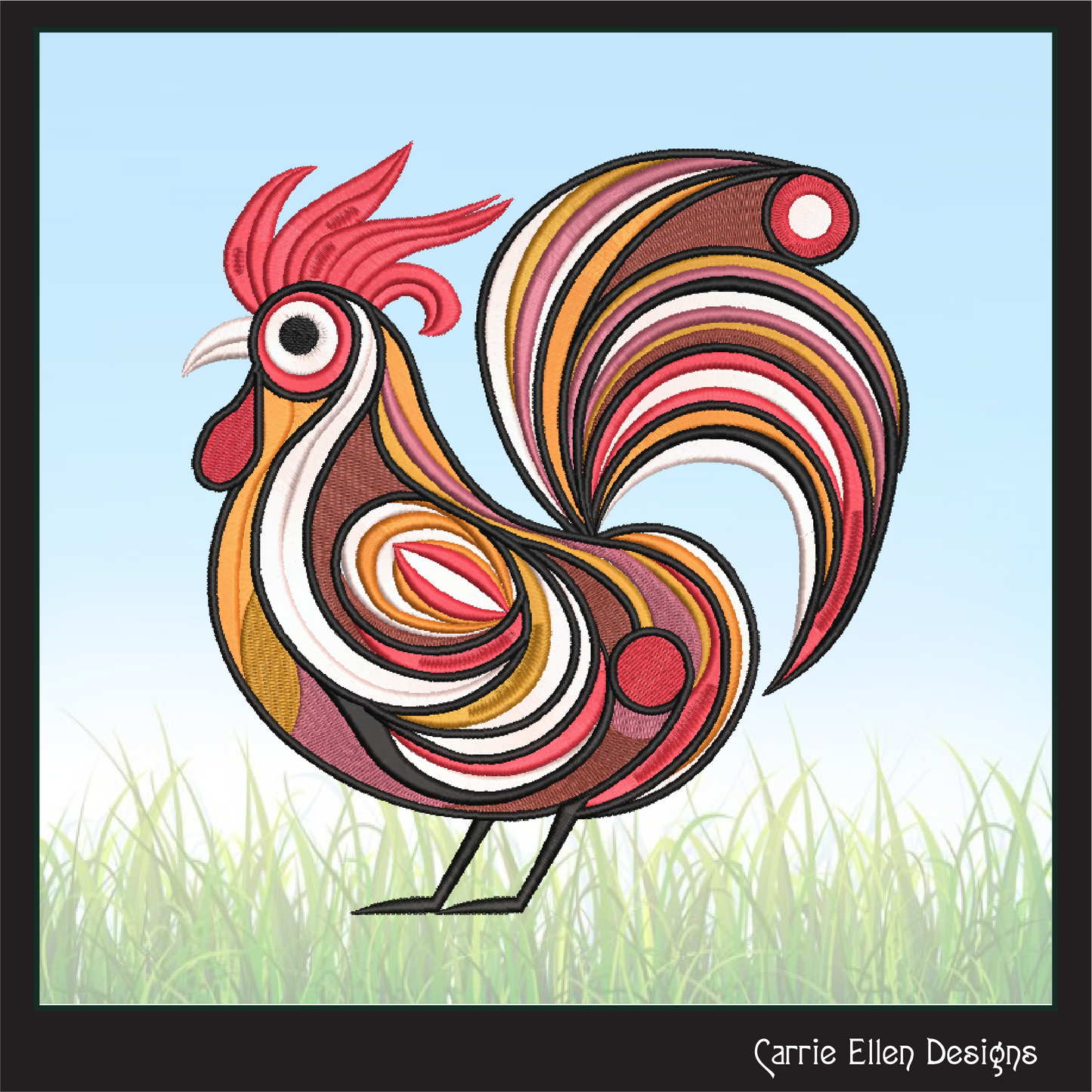 Abstract Chicken Machine Embroidery Design – Farm Animal Bird Pattern | 4 Sizes (2434)