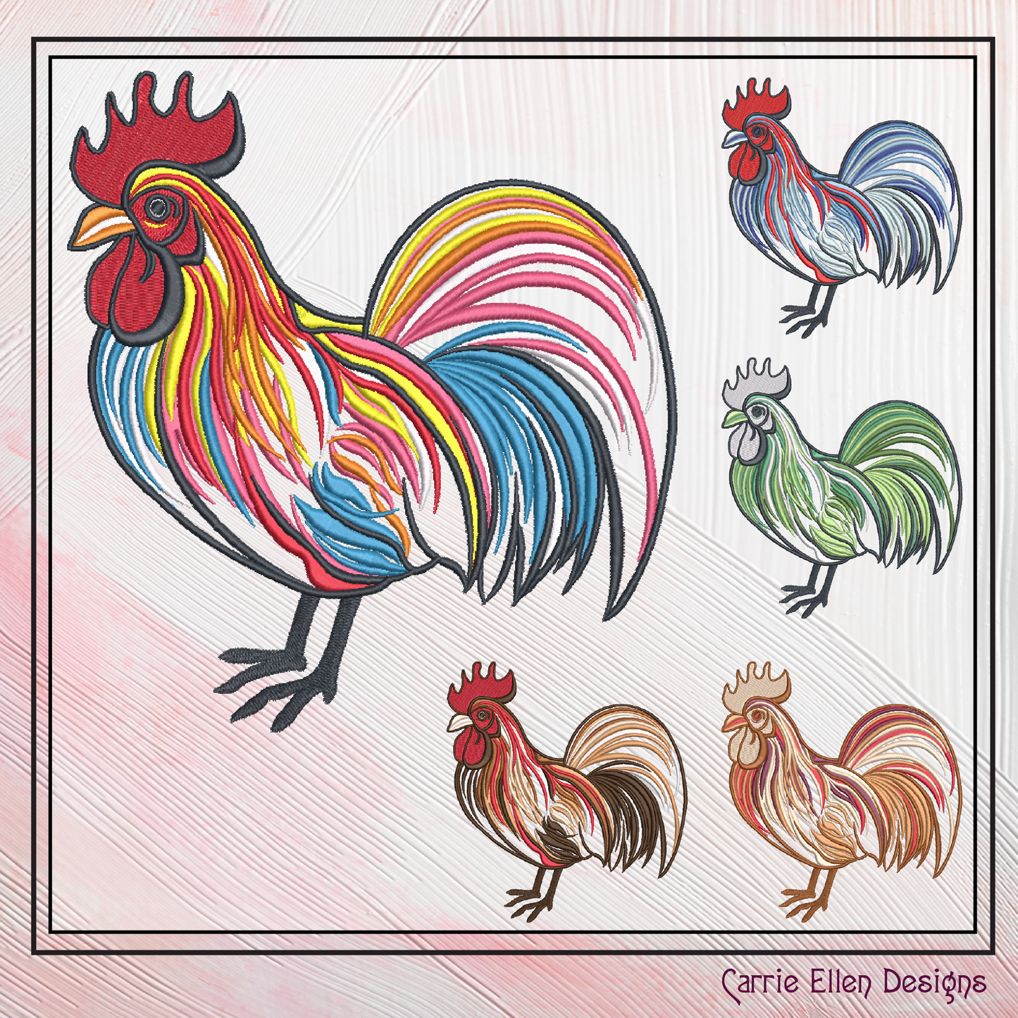Abstract Rooster Machine Embroidery Design – Farm Animal Bird Pattern | 4 Sizes (2436)