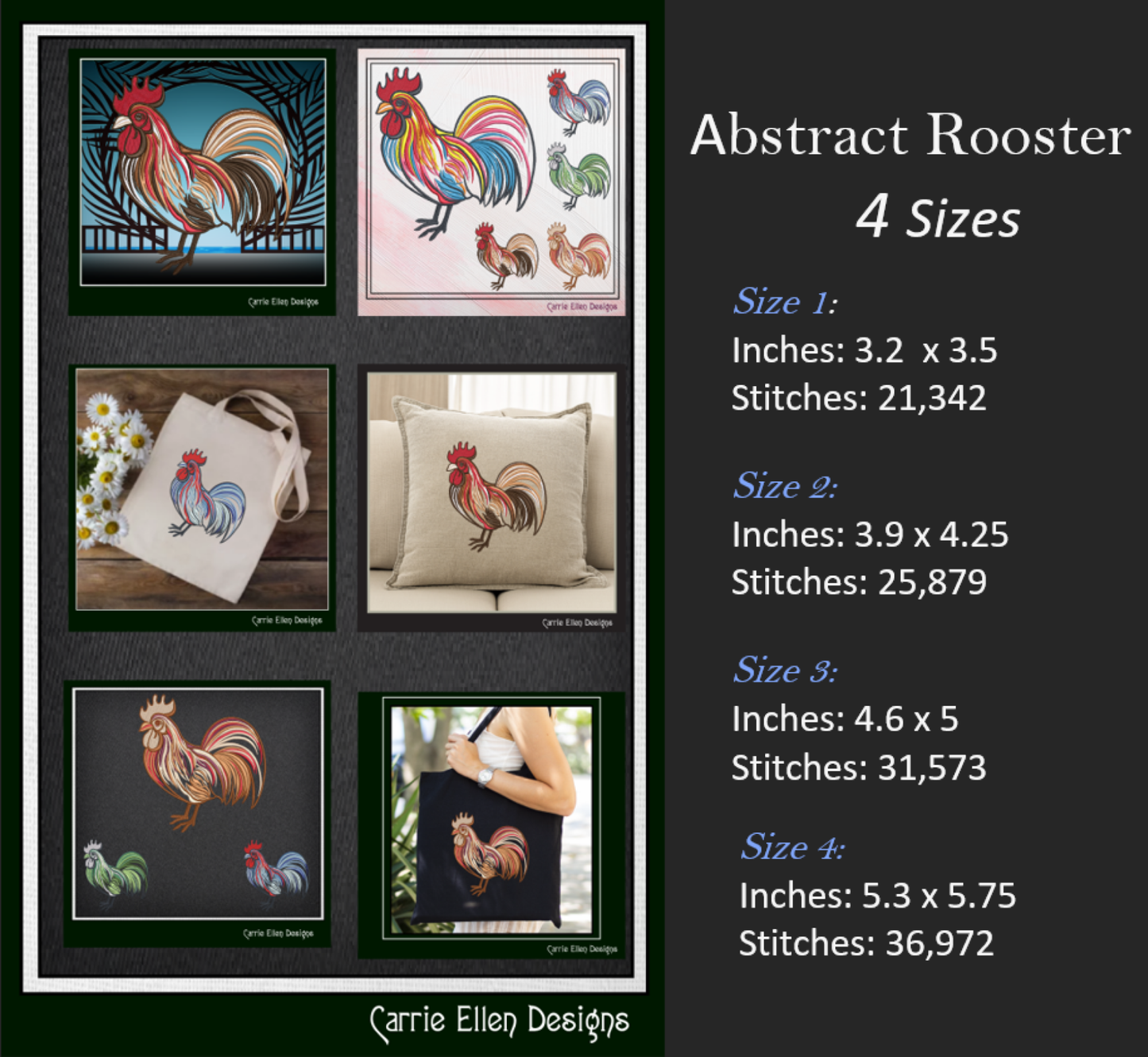 Abstract Rooster Machine Embroidery Design – Farm Animal Bird Pattern | 4 Sizes (2436)