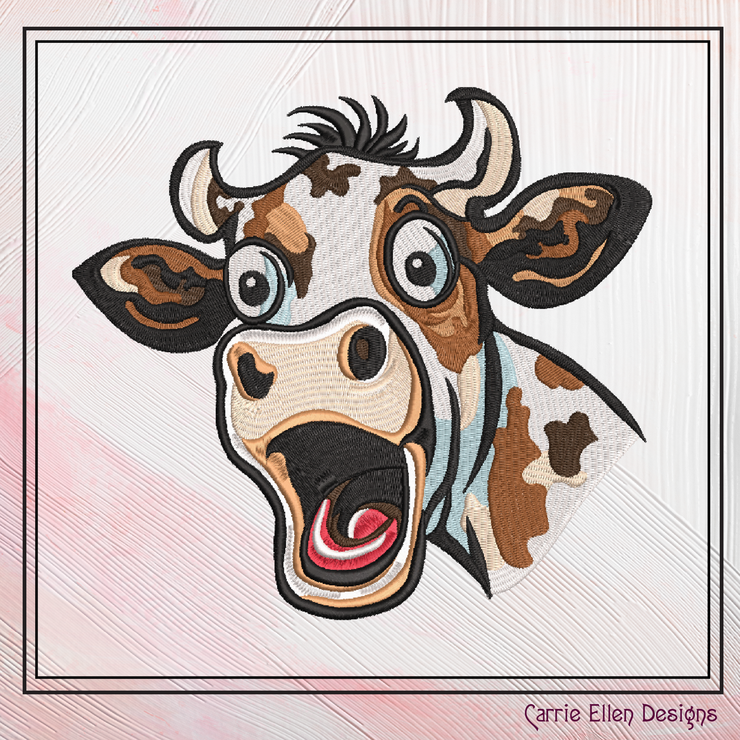Surprised Cow Machine Embroidery Design – Funny Farm Animal Pattern | 4 Sizes (2472)