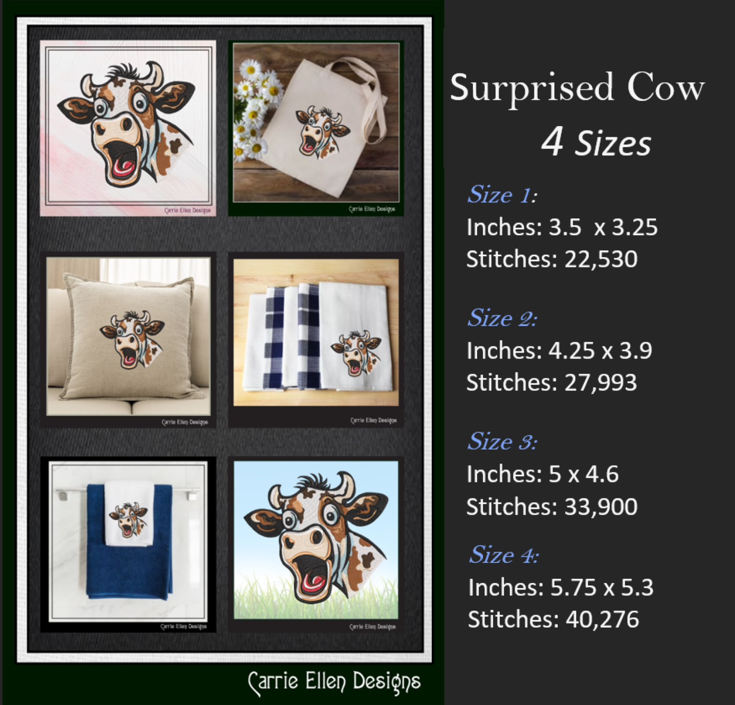 Surprised Cow Machine Embroidery Design – Funny Farm Animal Pattern | 4 Sizes (2472)