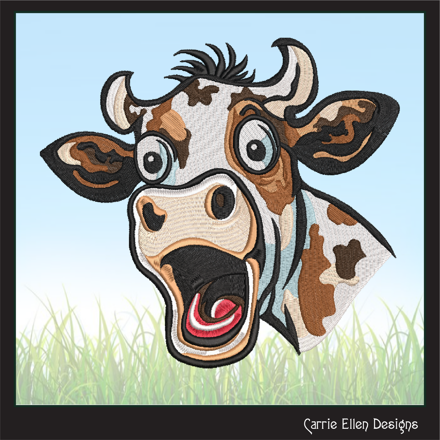 Surprised Cow Machine Embroidery Design – Funny Farm Animal Pattern | 4 Sizes (2472)