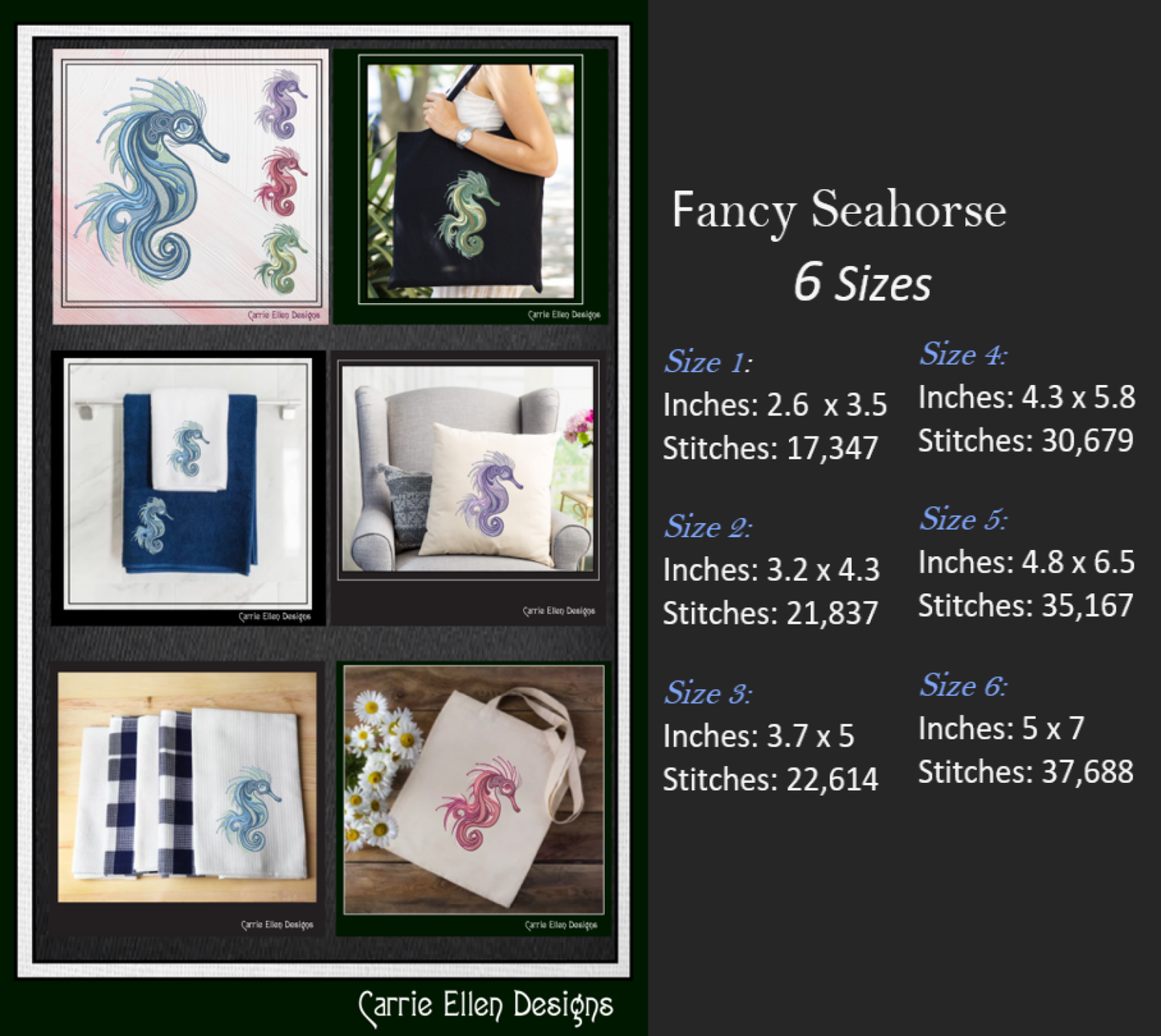 Fancy Seahorse Machine Embroidery Design – Artistic Sea Life Pattern | 6 Sizes (2481)
