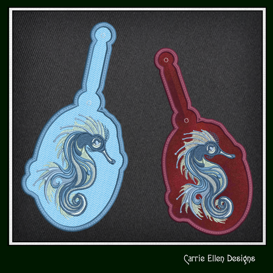 Fancy Seahorse ITH Key Fob Machine Embroidery Design | Marine Life Sea Animal In-The-Hoop Key Tag Project (2483)