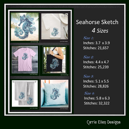 Fancy Seahorse Machine Embroidery Design – Artistic Sea Life Line Art Pattern, 4 Sizes (2485)