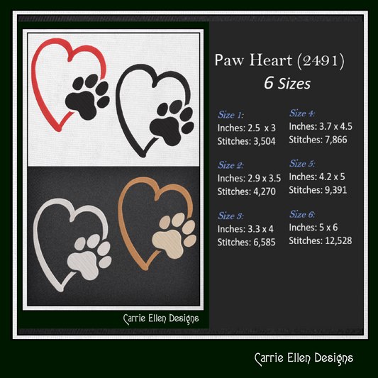 Dog Paw Machine Embroidery Design – Puppy & Dog Paw with Heart Pattern, Pet Lover Design, 6 Sizes (2491)