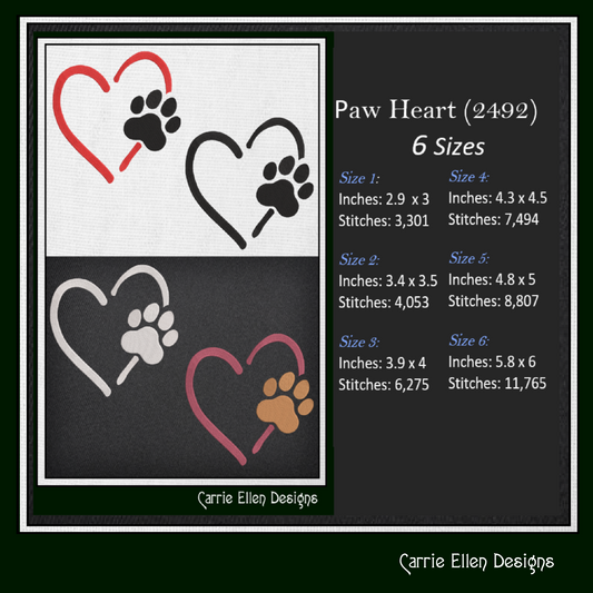 Dog Paw Machine Embroidery Design – Puppy & Dog Paw with Heart Pattern, Pet Lover Design, 6 Sizes (2492)