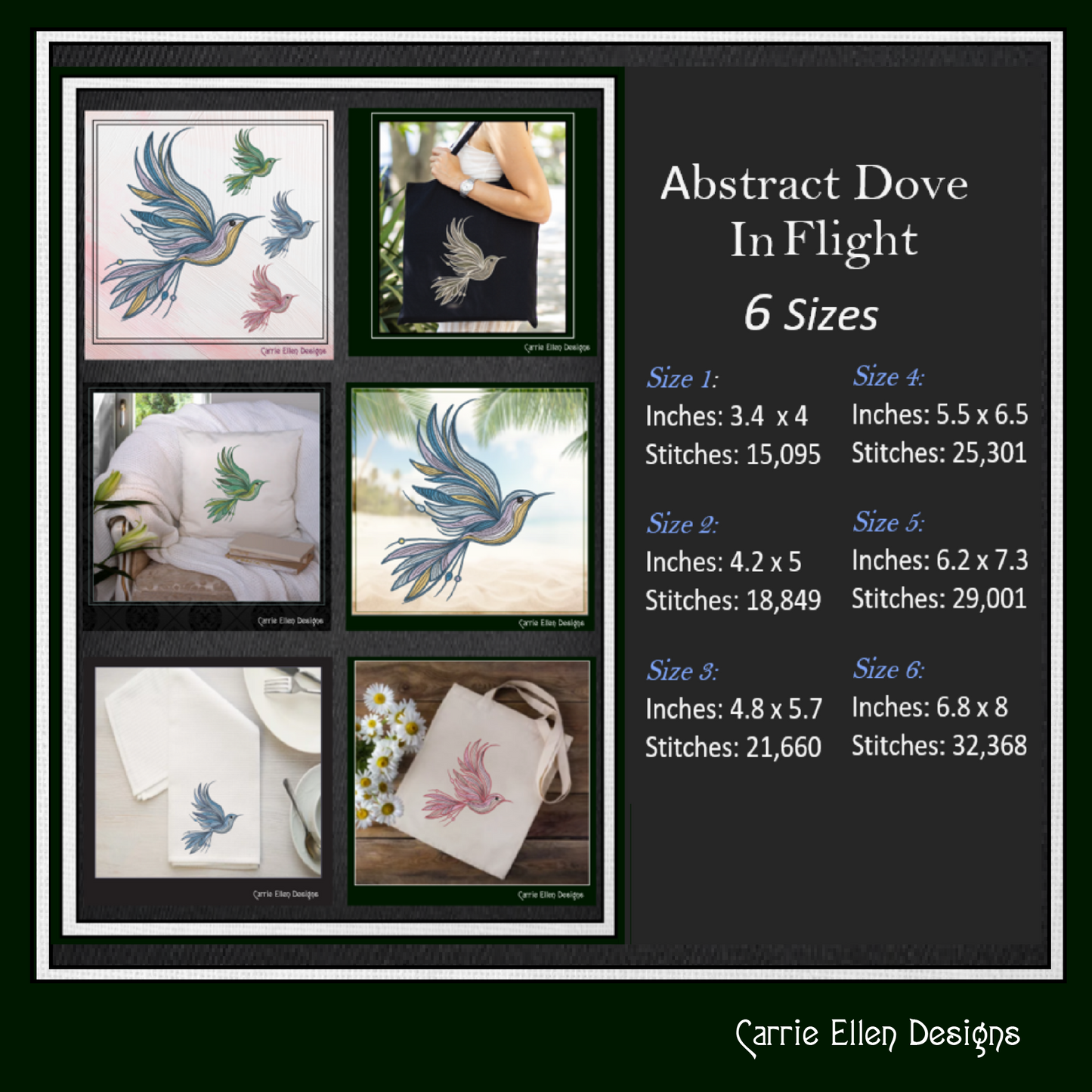 Dove Machine Embroidery Design – Artistic Bird in Flight Pattern, Universal Symbol of Peace, 6 Sizes (2502)