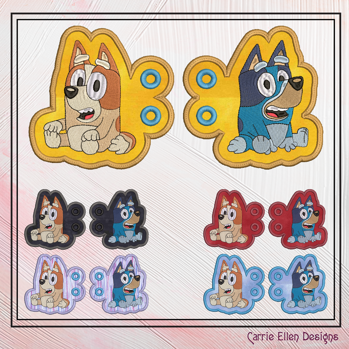 Sitting Bluey and Bingo ITH Machine Embroidery Design | Cartoon Character In-The-Hoop Shoe Wings for Shoes and Boots – 4x4 & 5x7 Hoop (2515)