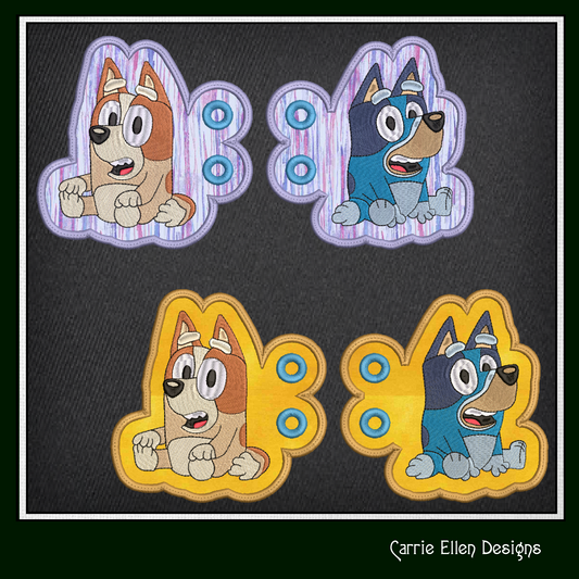 Sitting Bluey and Bingo ITH Machine Embroidery Design | Cartoon Character In-The-Hoop Shoe Wings for Shoes and Boots – 4x4 & 5x7 Hoop (2515)