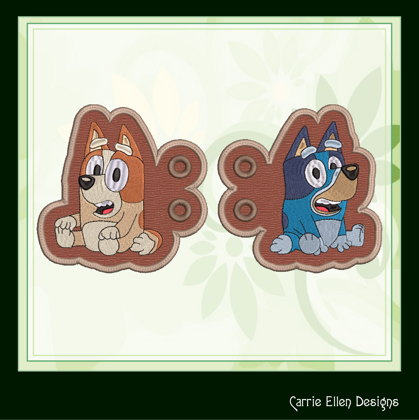 Sitting Bluey and Bingo ITH Machine Embroidery Design | Cartoon Character In-The-Hoop Shoe Wings for Shoes and Boots – 4x4 & 5x7 Hoop (2515)