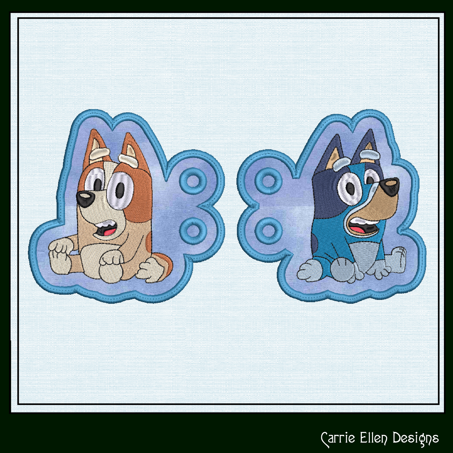 Sitting Bluey and Bingo ITH Machine Embroidery Design | Cartoon Character In-The-Hoop Shoe Wings for Shoes and Boots – 4x4 & 5x7 Hoop (2515)
