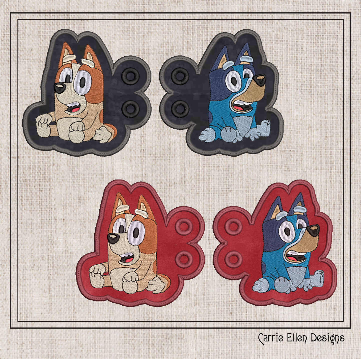 Sitting Bluey and Bingo ITH Machine Embroidery Design | Cartoon Character In-The-Hoop Shoe Wings for Shoes and Boots – 4x4 & 5x7 Hoop (2515)