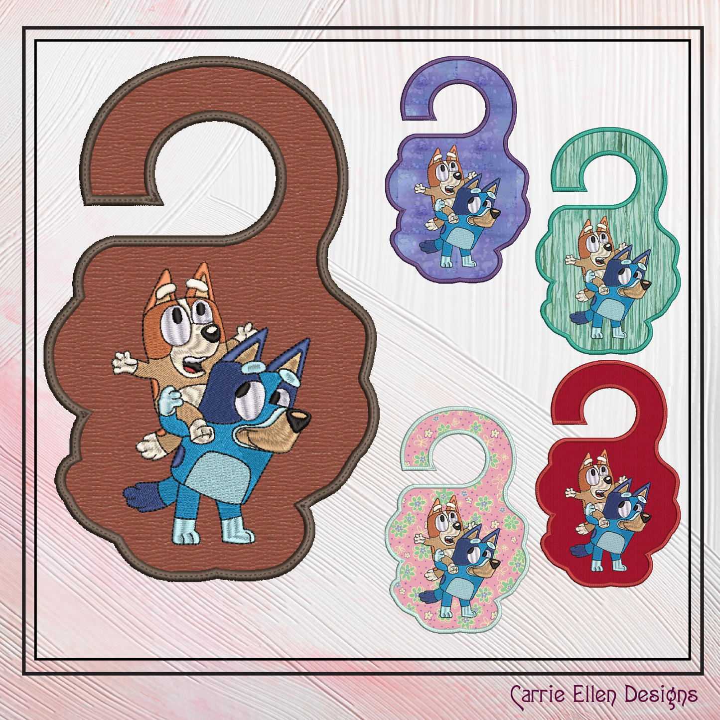 Bluey ITH Door Knob Hanger Machine Embroidery Design – Bluey & Bingo Piggyback Cartoon In-The-Hoop Door Sign (2516)
