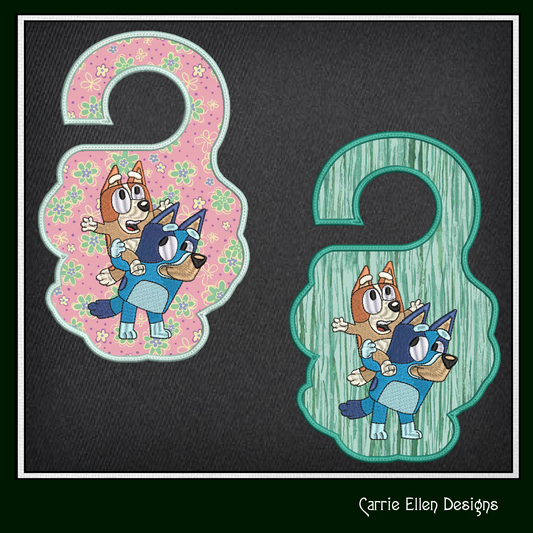 Bluey ITH Door Knob Hanger Machine Embroidery Design – Bluey & Bingo Piggyback Cartoon In-The-Hoop Door Sign (2516)
