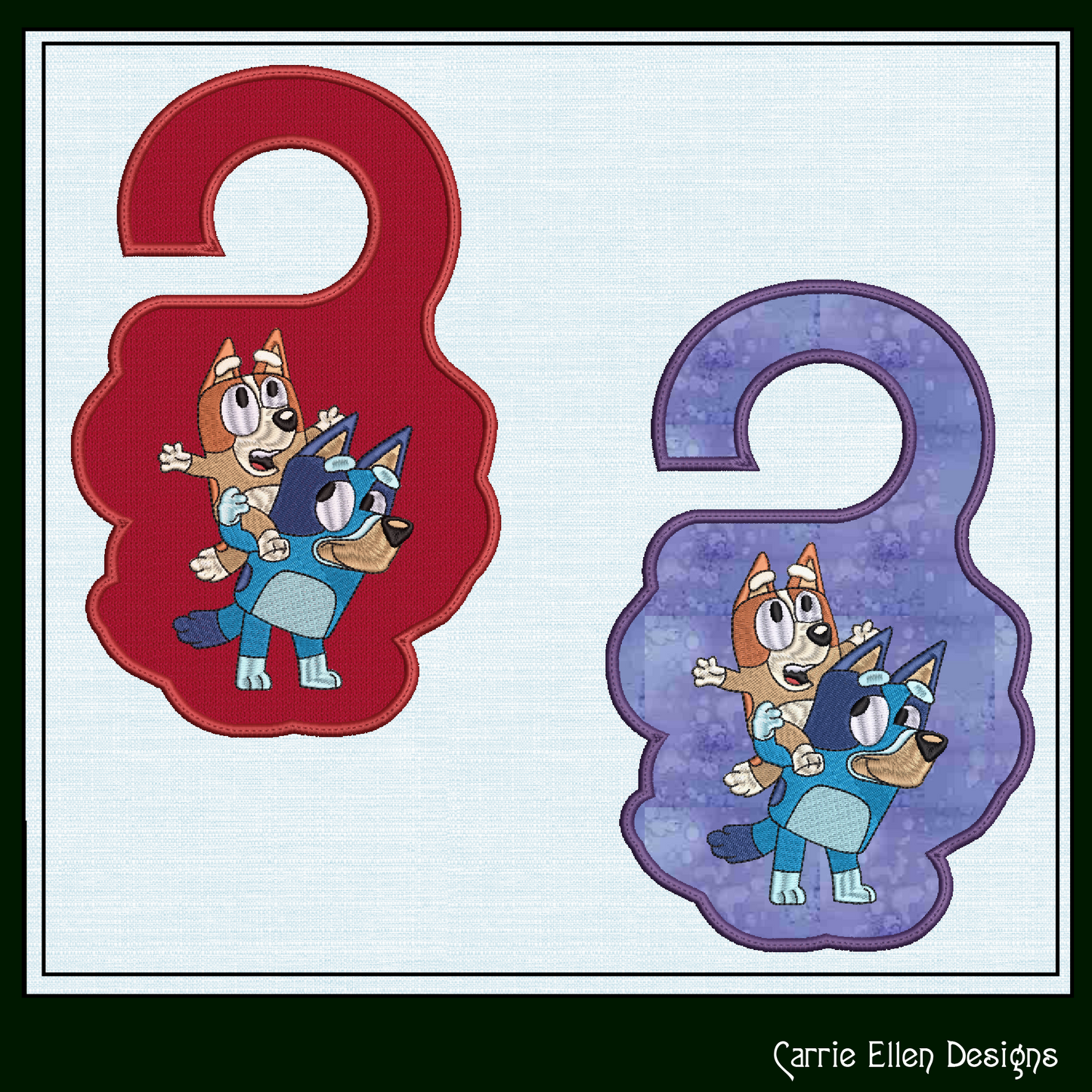 Bluey ITH Door Knob Hanger Machine Embroidery Design – Bluey & Bingo Piggyback Cartoon In-The-Hoop Door Sign (2516)