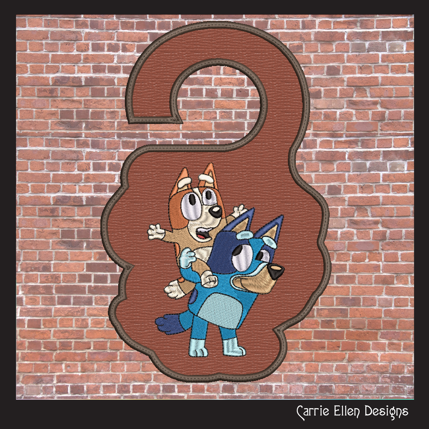 Bluey ITH Door Knob Hanger Machine Embroidery Design – Bluey & Bingo Piggyback Cartoon In-The-Hoop Door Sign (2516)