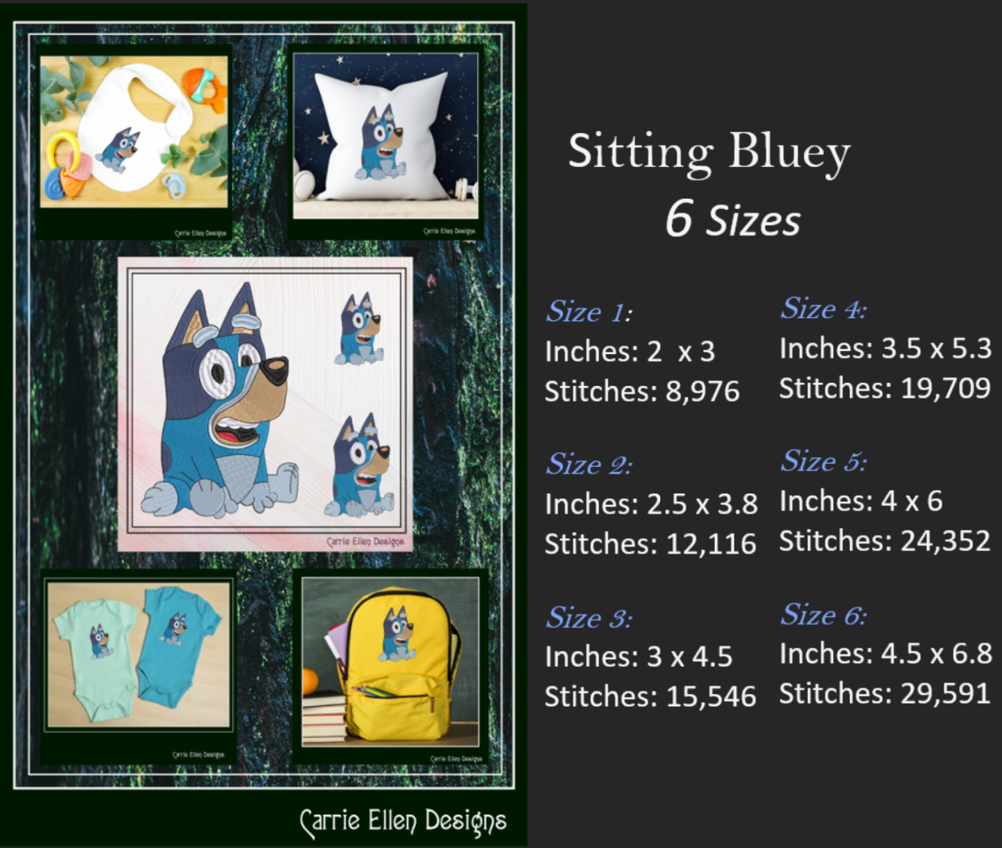 Bluey Sitting Machine Embroidery Design, Bluey Heeler Fandom Cartoon Character Embroidery Pattern, 6 sizes (2517)