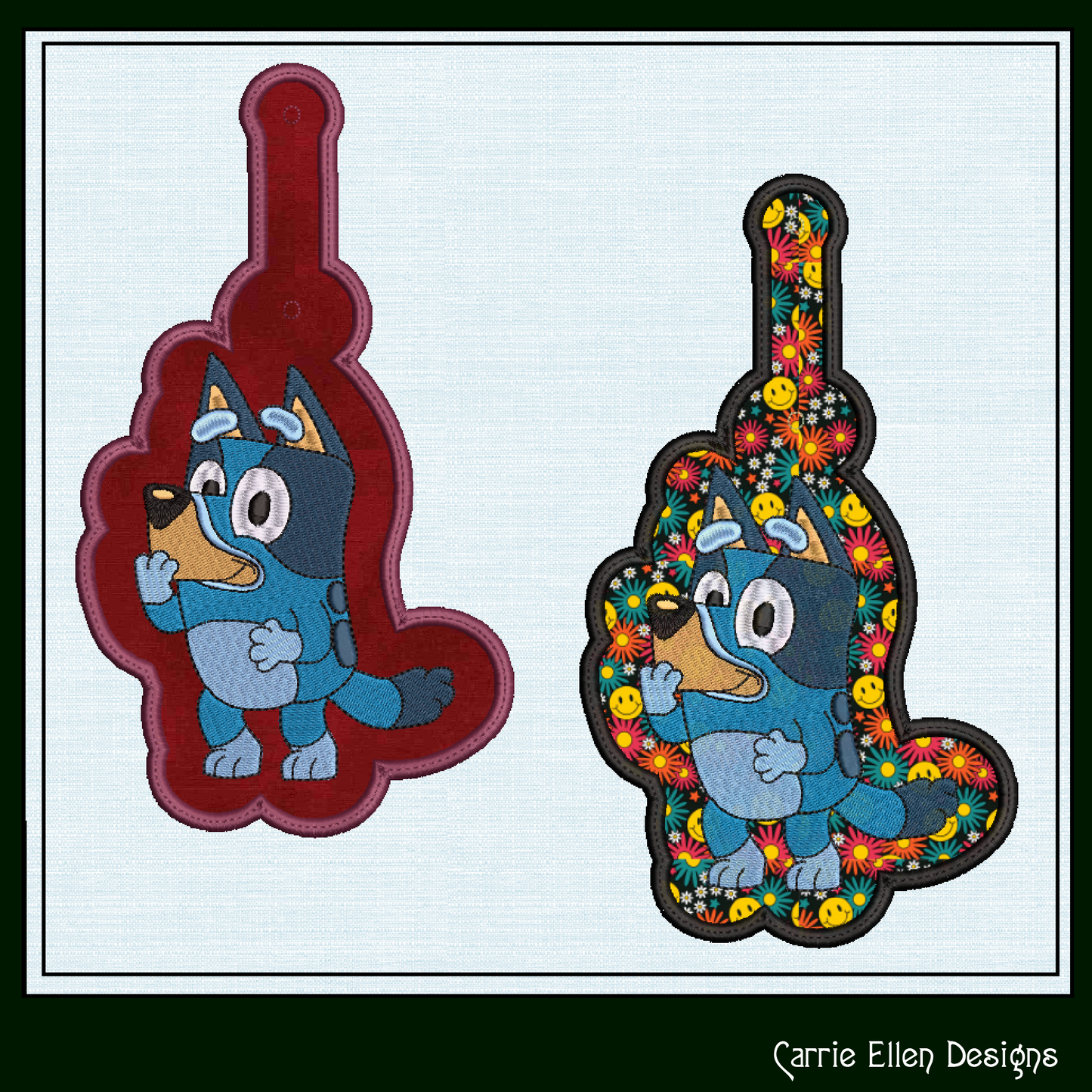 Bluey ITH Key Fob Machine Embroidery Design | Fan Favorite Cartoon Character In-The-Hoop Key Tag (2521)