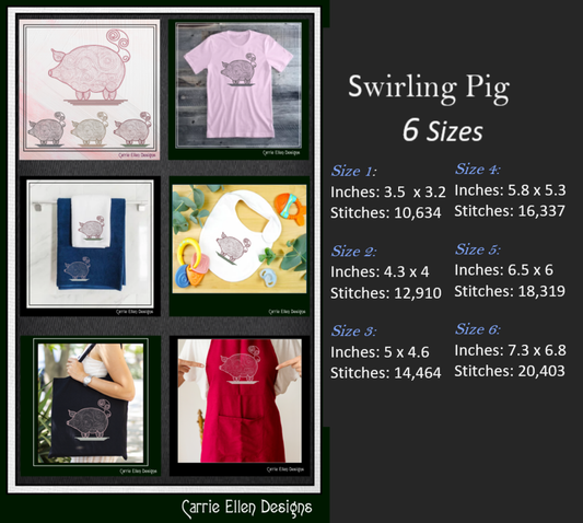 Artistic Pig Machine Embroidery Design, Artistic Pig Swirling Line Art Sketch Design, Farm Animals, 6 sizes (2530)