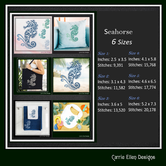 Seahorse Machine Embroidery Design – Sea Life Ocean Animal Pattern | 6 Sizes (2534)
