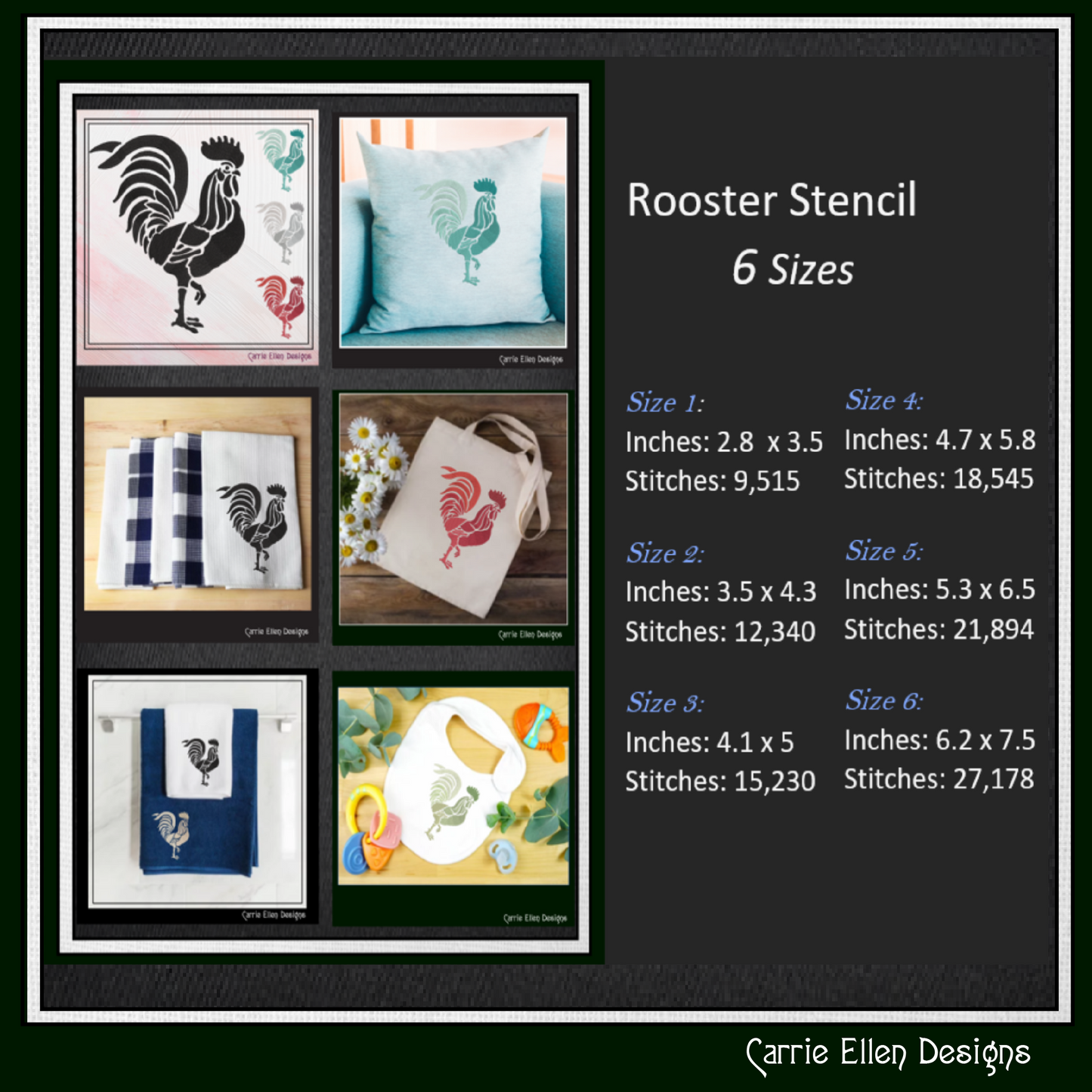 Rooster Machine Embroidery Design. Rooster Stencil Design, Bird Embroidery Pattern, Farm Animal Design, 6 Sizes (2536)