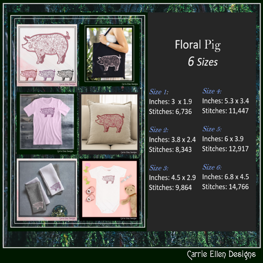 Artistic Floral Pig Machine Embroidery Design, Artistic Pig Line Art Sketch Design, Farm Animals, 6 sizes (2548)