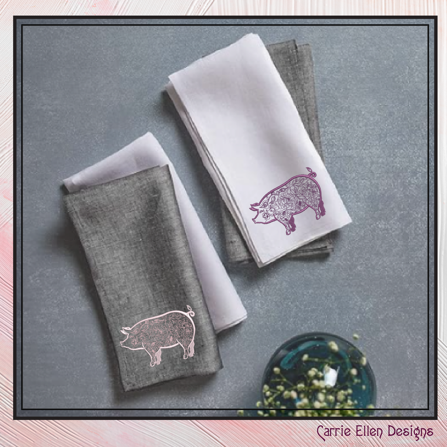 Artistic Floral Pig Machine Embroidery Design, Artistic Pig Line Art Sketch Design, Farm Animals, 6 sizes (2548)