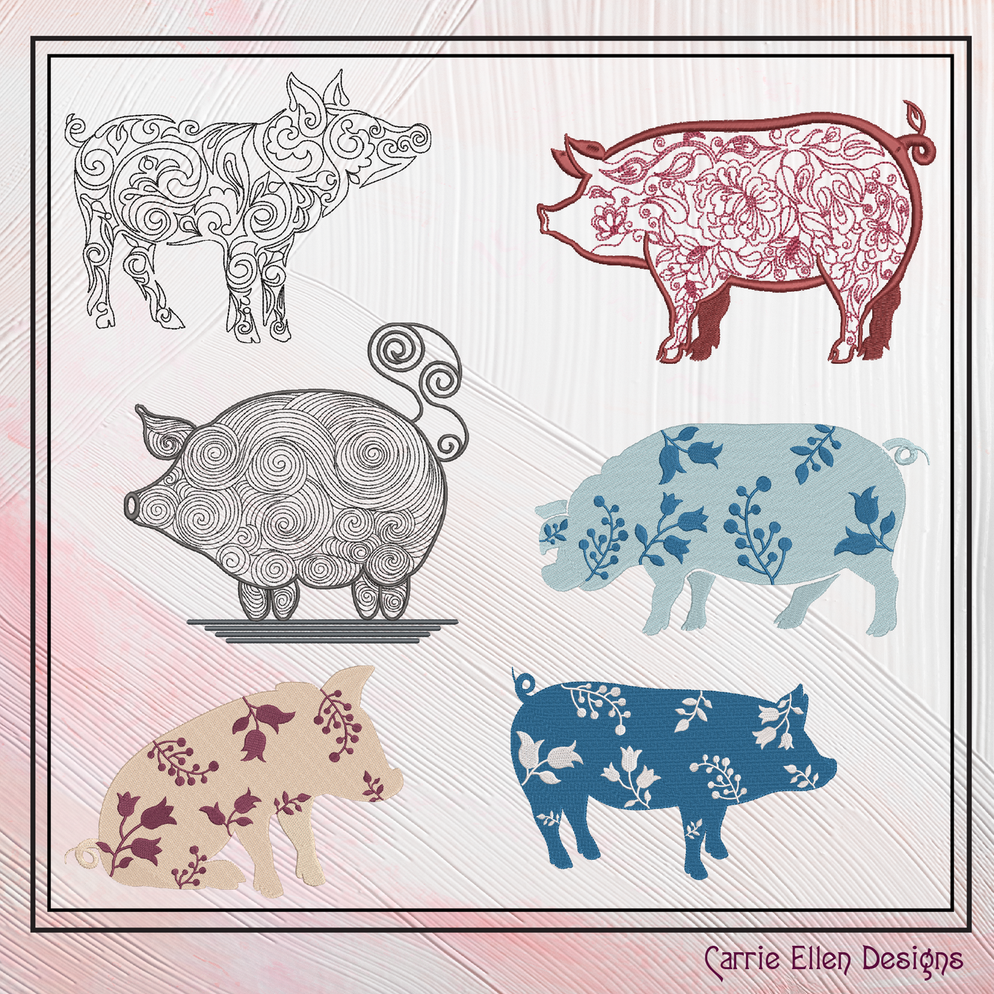 Pig Machine Embroidery Design Bundle – Floral Pigs, Sketch Farm Animal Designs, 6 Designs in 6 Sizes Each (2549)