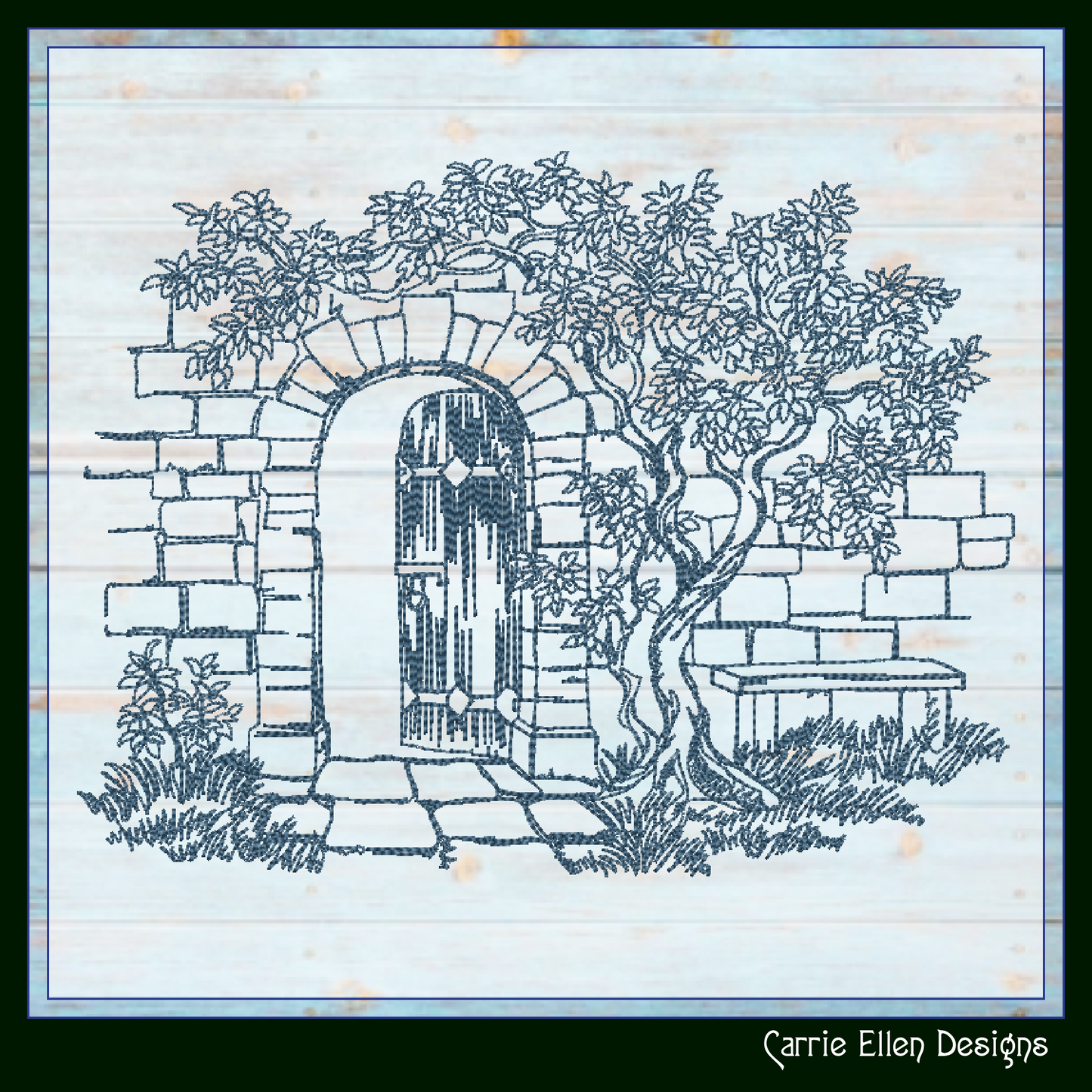 Garden Gate Machine Embroidery Design, Sketch Machine Embroidery Design, Artistic Patio Stone Bench Design, 6 Sizes (2550)