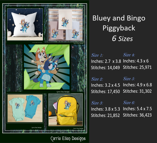 Bluey Machine Embroidery Design, Bluey and Bingo Piggyback Cartoon Character Embroidery Design File, 6 sizes (2552)