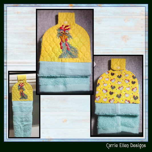 Whimsical Chicken ITH Towel Topper Machine Embroidery Design, Funny Farm Animal In The Hoop Towel Hanger (2566)