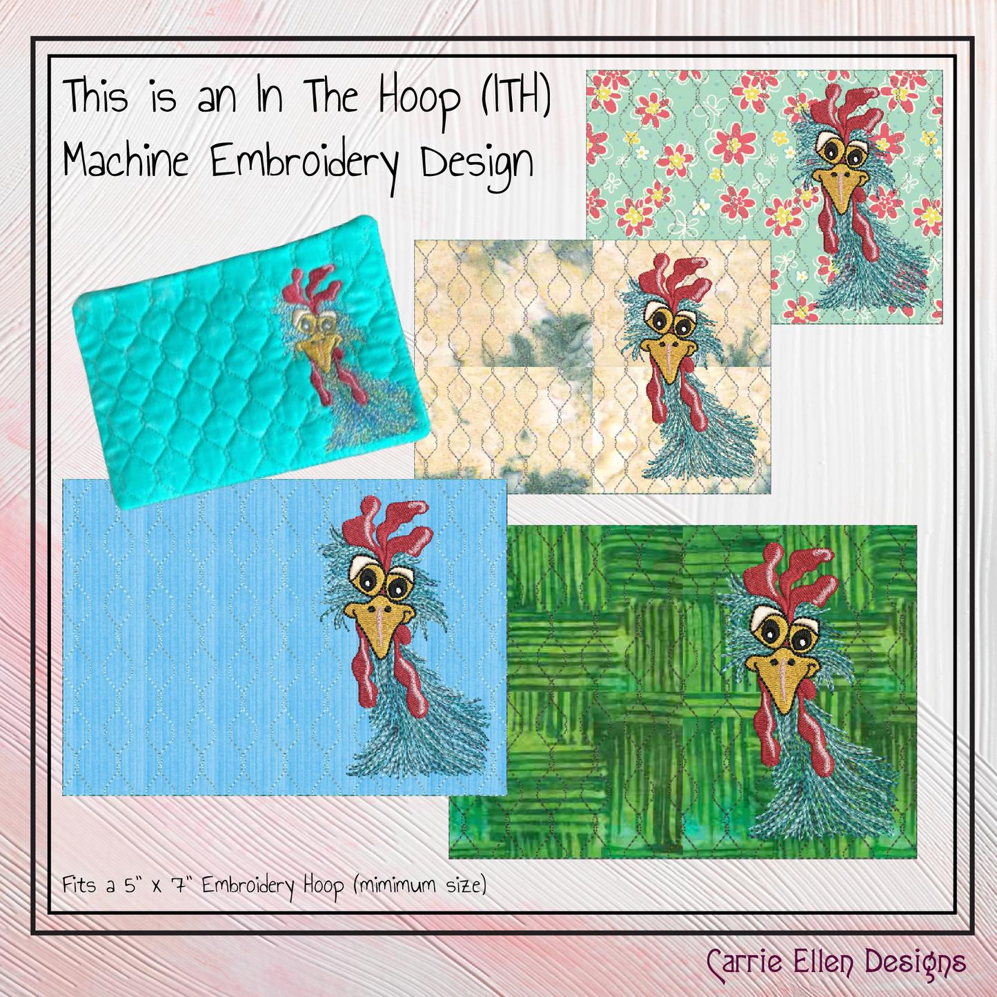 Whimsical Chicken ITH Mug Rug – In The Hoop Machine Embroidery Design | Silly Chicken with Chicken Wire Quilting (2567)