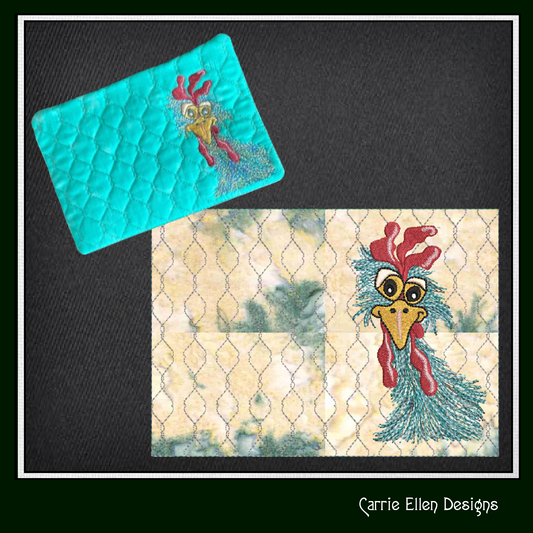 Whimsical Chicken ITH Mug Rug – In The Hoop Machine Embroidery Design | Silly Chicken with Chicken Wire Quilting (2567)
