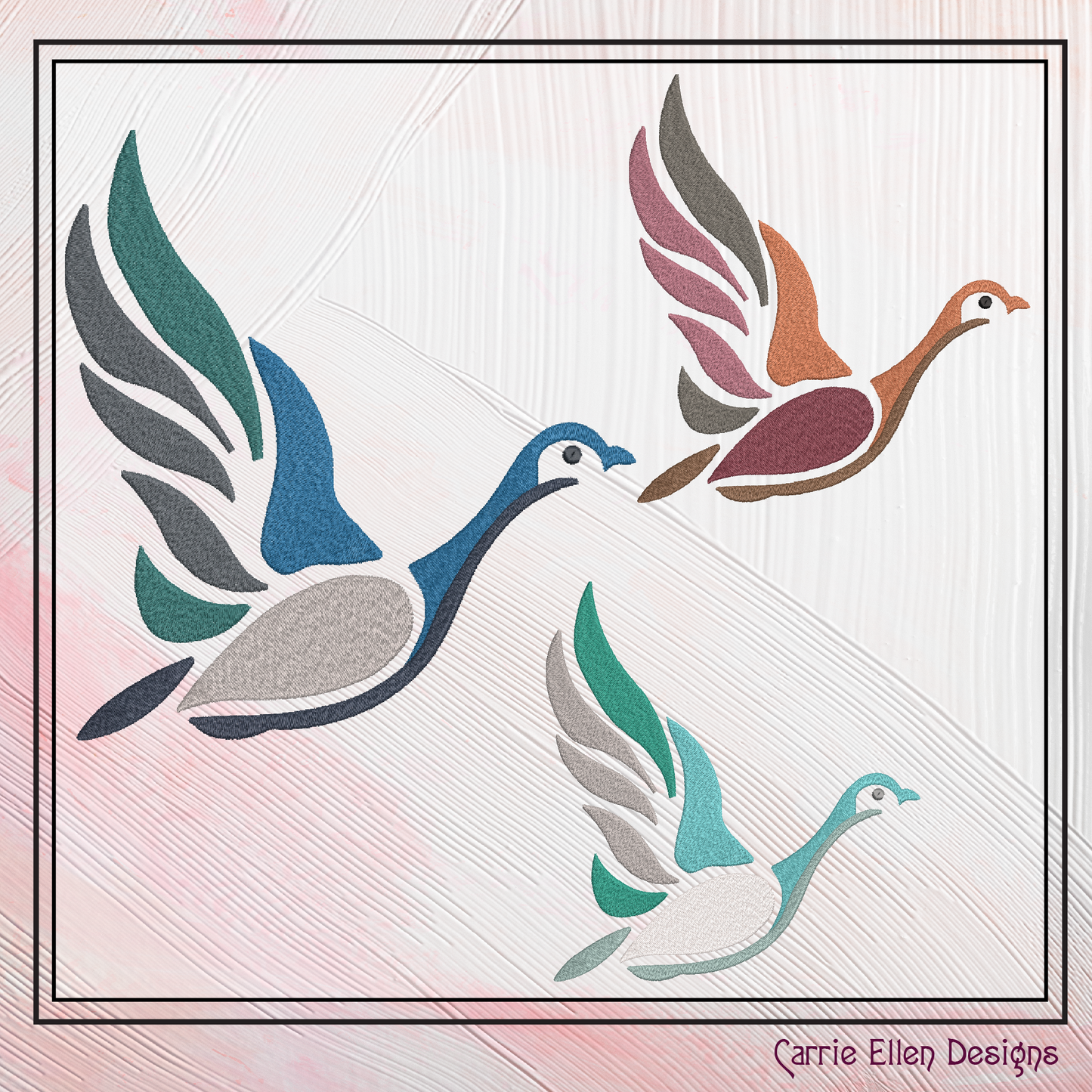 Flying Duck Machine Embroidery Design – Artistic Mallard Bird in Flight, 6 Sizes (2570)